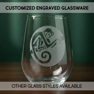 Spider Monkey Glass, Primate Glassware, Engraved Pint, Etched, Whiskey, Wine, Personalized, Customized