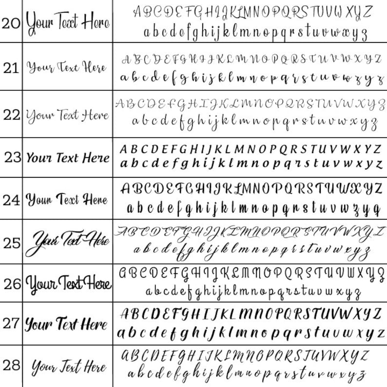 Op de afbeelding: Een overzicht van verschillende lettertypestijlen, elk met het alfabet in hoofdletters en kleine letters. De tekst "Your Text Here" staat boven elk lettertype, met zwarte letters op een witte achtergrond. De lettertypen vari&euml;ren in stijl.