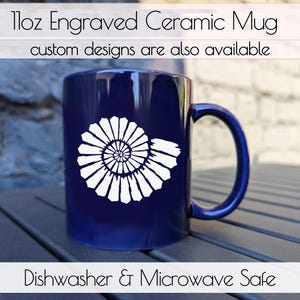 May include: A 11oz blue ceramic mug with a white spiral design. The mug is dishwasher and microwave safe. Custom designs are also available.