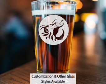 Bumble Bee Glass, Beardie, Engraved Pint, Etched, Whiskey, Wine, Personalized, Customized