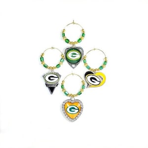 Wine Charms - Green Bay Packers Theme - Metal/Glass/Enameled Charms - Set of  4 - Ships from Green Bay, WI (GBF)
