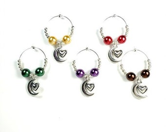 Wine Charms - Moon and Heart - Enameled Charms -Set of 5 - Shipping Included