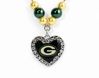 Green Bay Packers Charm Necklace: Rhinestone Heart Pendant, Pearlized Beads