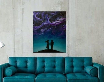 Pink purple Galaxy Original Painting minimalist couple love nebula turquoise sky of stars silhouette custom art