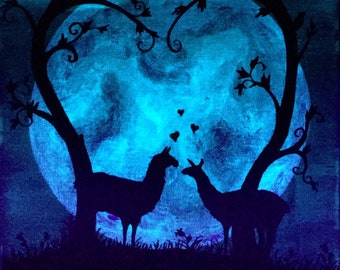 Llama Love Glow in the Dark Painting Acrylic Moon night whimsical alpaca silly couple art