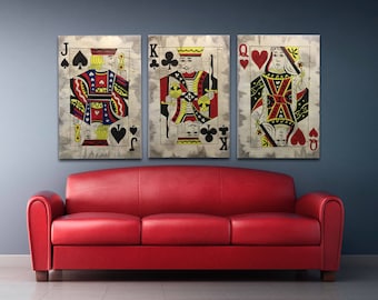 Playing card paintings set of 3 original hand painted Art on stretched canvas vintage cracked classic card game room decor