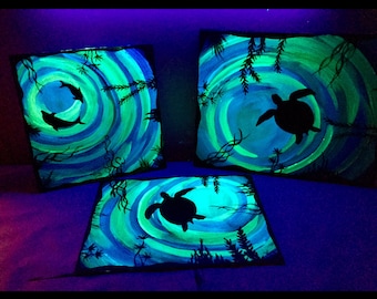 Sea Turtle Glow in the Dark SPECIAL Art ocean turtle art sea painting 2 paintings in One blue green Aqua silhouette Art ocean life nautical