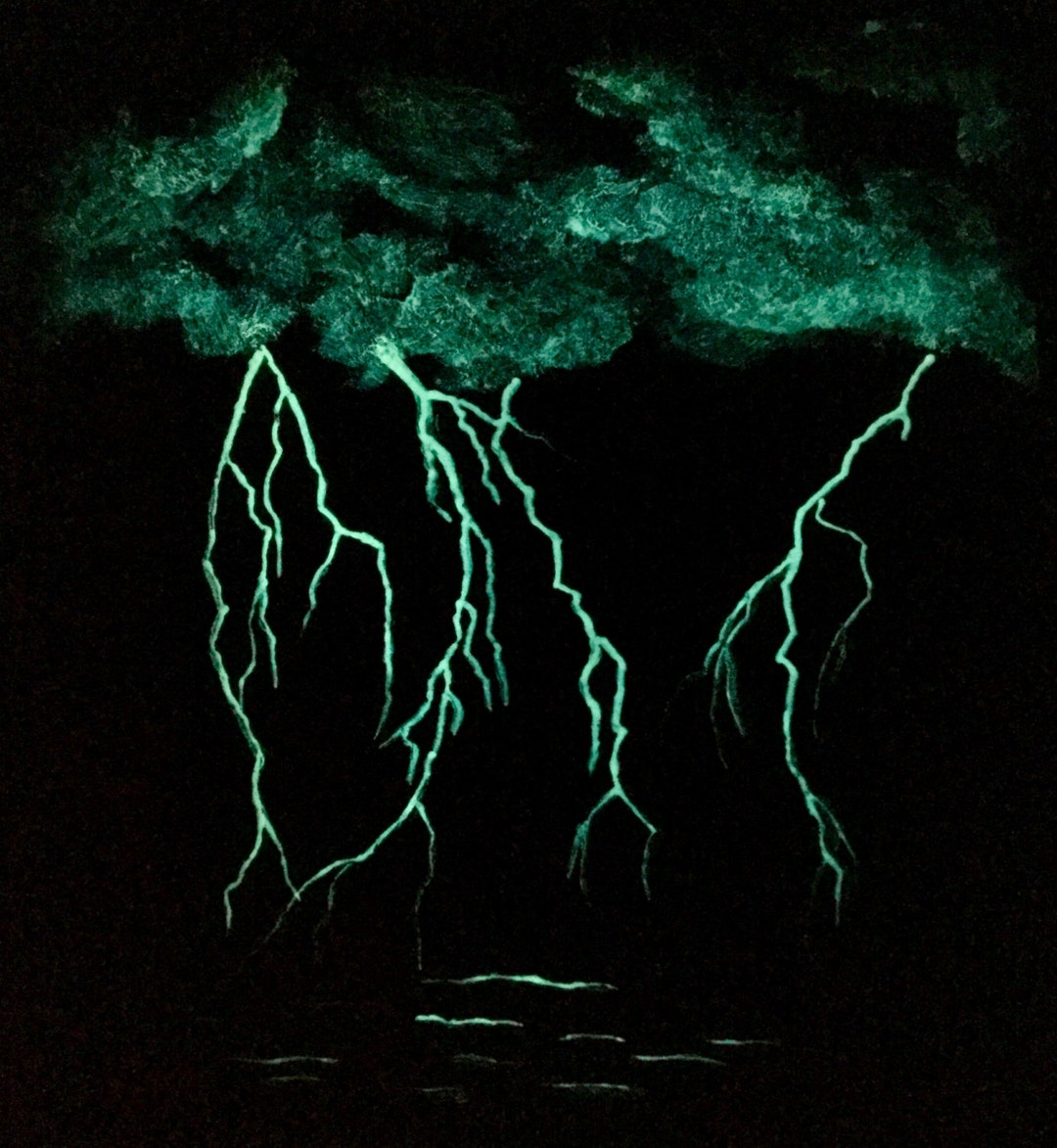 Glow in the Dark Art Lightning Storm Painting Sky Original Art Blue