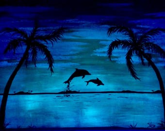 Dolphin Beach glow in the dark SPECIAL Original painting sunset 2 in 1 ocean scene acrylic on canvas orange pink sky landscape