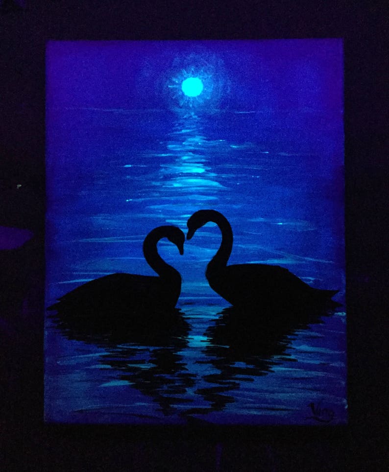 Swan Lake Glow In The Dark Painting Wall Decor Love Birds Image 0