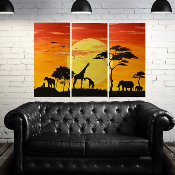 Animals Giraffe African Sunset TREBLE CANVAS WALL ART Picture Print VA Animals Giraffe African Sunset TREBLE CANVAS WALL ART Picture Print VA