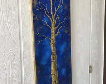 Gold Tree 3D textured original painting midnight blue gold customized modern art on Stretched canvas