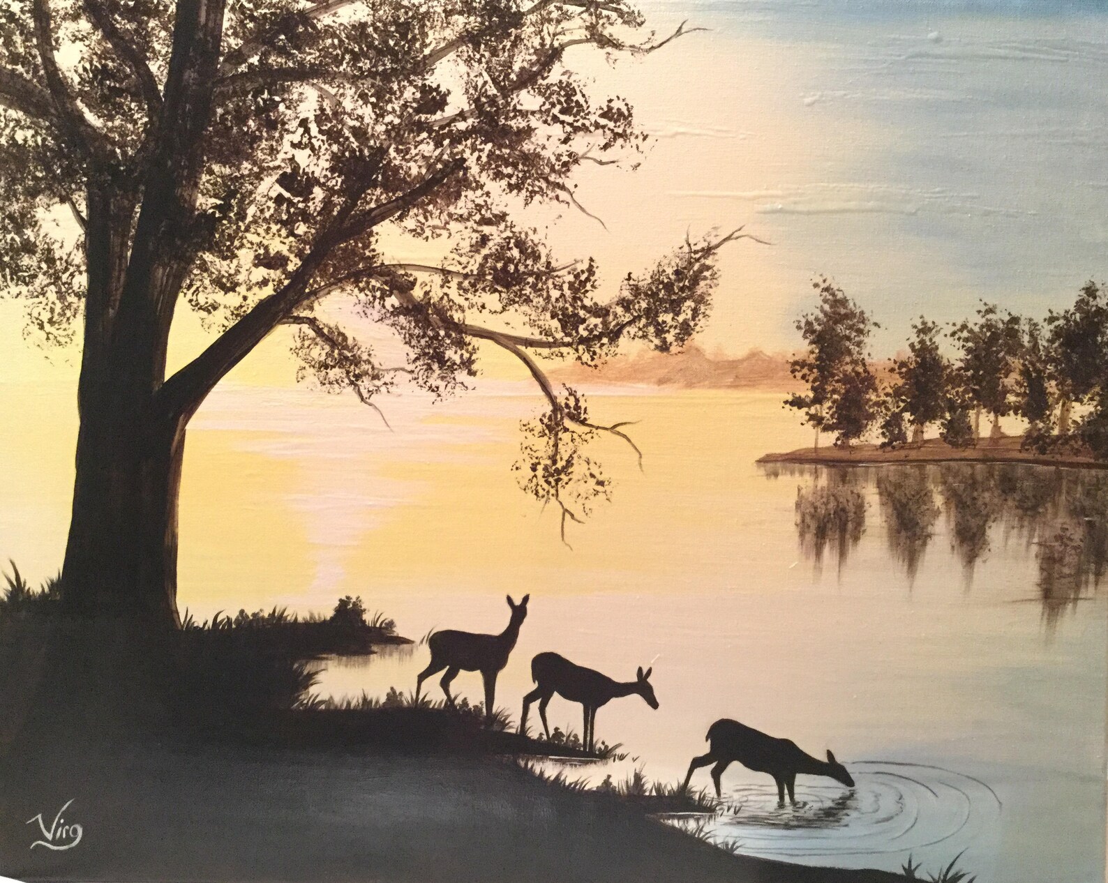 Deer Painting Glow in the Dark Forest Lake Deer Landscape Etsy