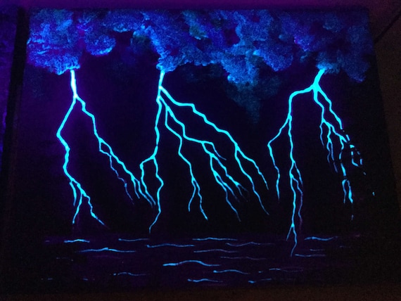 Glow in the Dark Art Lightning Storm Painting Sky Original Art Blue Night  Dark Lake Forest Lightning Bolt Electricity Clouds Custom Art -  Sweden