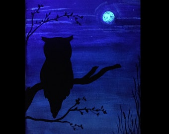 Night Owl Glow in the dark painting, color changing owl on a branch in the moonlight hand painted on stretched canvas customizable