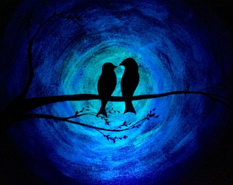 Glow in the Dark Love birds bird silhouette painting Orange to Blue Original Art Glow Painting acrylic wall decor