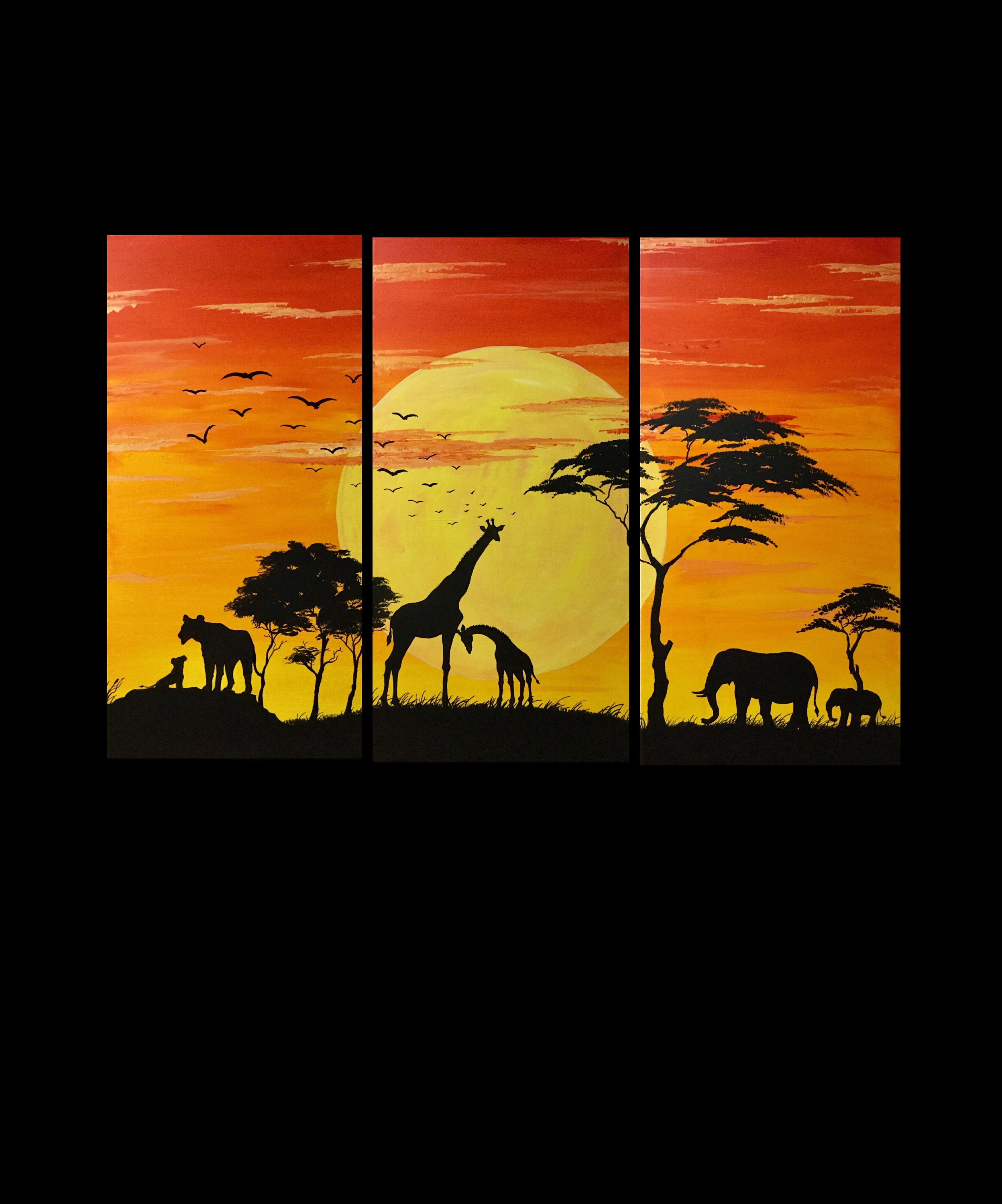 Animals Giraffe African Sunset TREBLE CANVAS WALL ART Picture Print VA
