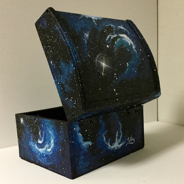 Galaxy box hand painted chest outerspace original art jewelry wooden keepsakebox coins candy misc. galaxies stars nebula space