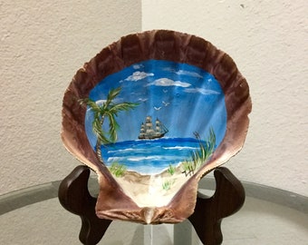 Pirate Ship Beach painted Lions Paw Sea shell with stand orange sun nautical decor shell art scallops palm tree silhouette gifts