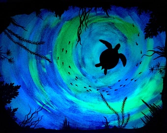 Sea Turtle Glow in the Dark Art ocean turtle art sea painting 2 paintings in One blue green Aqua silhouette Art ocean life nautical