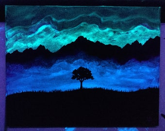 Minimalist Tree simple glow in the dark single tree painting modern Art Smokey mountians silhouette blue aqua landscape