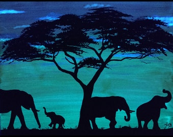 Elephant family glow in the dark made to order painting baby elephant artroom unique gifts glowing Blacklight art