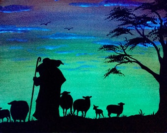 Shepard and Sheep painting Glow in the Dark Blacklight Art Bible decor flock of sheep by tree Bible story art JW silhouette wall paintings