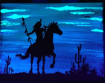 Native American on horse Glow in the Dark Painting silhouette cactus indian Art Blacklight art Original Painting made to order