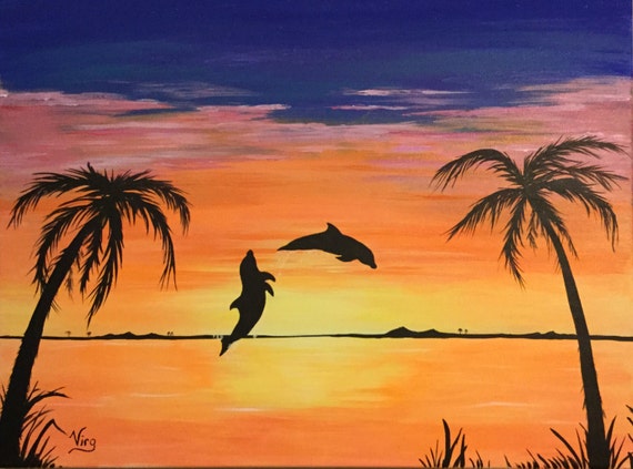 Ocean Sunset With Dolphins And Palm Trees