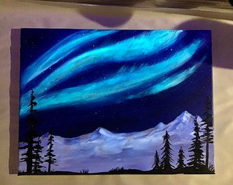 Northern lights  Aurora Borealis  Mountain pine painting purple sky night scene glow in the dark Original acrylic on canvas