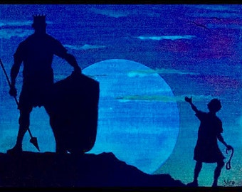 David and Goliath painting glow in the dark Bible story christian Art giant silhouette wall decor Jw Biblical art color changing decor