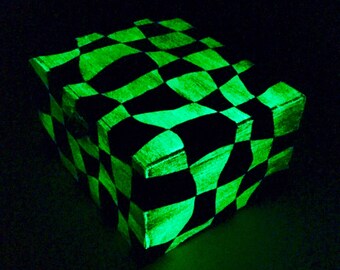 Glow in the Dark Art medium size Box Checkerboard black white checks wood jewelry storage glows brightly great gift / conversation piece