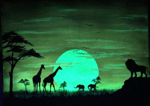 Glow in the Dark African art Sunset Africa giraffe lion silhouette orange sun Safari silhouette of trees black shadows yellow clouds Glow in the Dark African art Sunset Africa giraffe lion silhouette orange sun Safari silhouette of trees black shadows yellow clouds