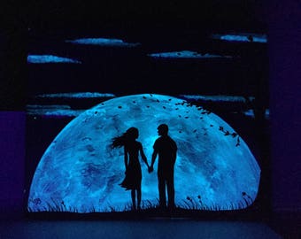 Couple sillouette Glow in the Dark love man woman newly wed art Romantic moon painting his hers wall decor