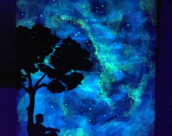 Glow Art pensive silhouette under the Stars Glow in the Dark tree painting cloudy sky changes to A galaxy backdrop for this resting man