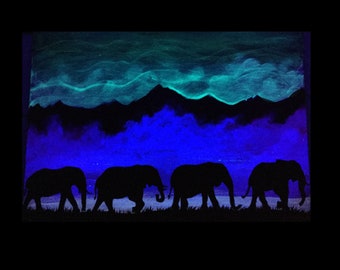 Elephant glow in the dark group walking Blacklight/ glow combo made to order painting elephant artroom unique gifts glowing Blacklight art