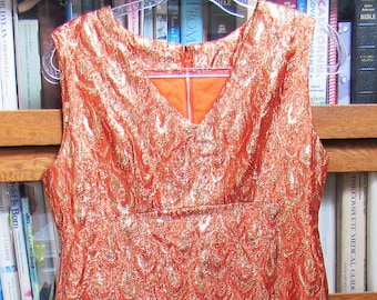 Vintage late-1960's Empire Waist A-Line Sleeveless Party Floor Length Dress Handmade Orange Gold Metallic Flame