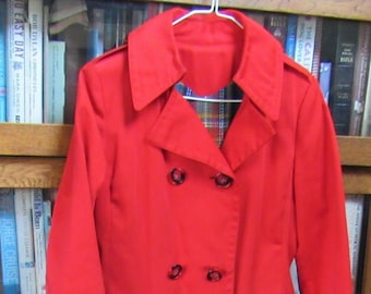 Vintage 1970's Calvin Klein Women's Red Double Breasted Long Trench Coat Flannel Lined Rear Belted