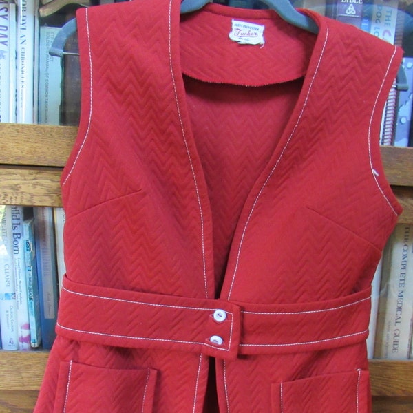 Vintage 1970's "Tucker" Marcia Brady Belted Vest Button-Front Brick-Orange Textured Polyester Retro Chic