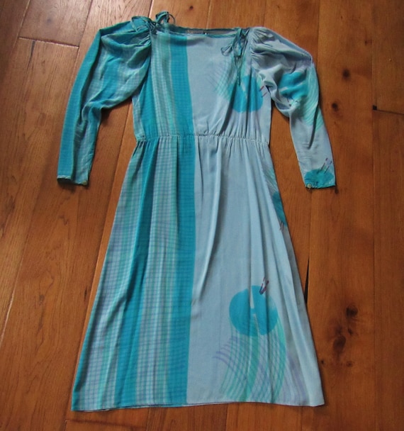 Vintage 1970's "nicole LTD Chicago" 100% Silk Blue Multi Pattern Midi Dress  Size 10 Long Puff Sleeve I.magnin Puffy Shoulder Ties Disco Diva - Etsy