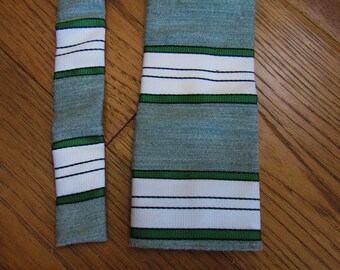 Vintage 1960's Cornell California Wide Square End Necktie Long Green w/ White Stripes Retro "Wash N' Wear" Union Made in USA 100% Polyester