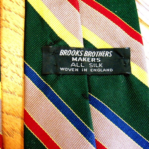 Vintage 1980's Brooks Brothers Necktie Long Tie 100% Silk Woven in England Green/Gold Diagonal Striped