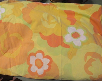 Vintage 1970's Wamsutta Floral Twin Fitted Sheet Orange Yellow Flower Power No Iron Ultracale Made in USA
