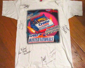 Vintage 1990's Signed Autographed Drag Racing Tee Pomona California 1996 NHRA Winston Chief Winternationals Adult Large Single Stitch