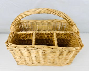 Vintage krat en vat rieten bestekcaddy organizer Gebruiksvoorwerp houdermand
