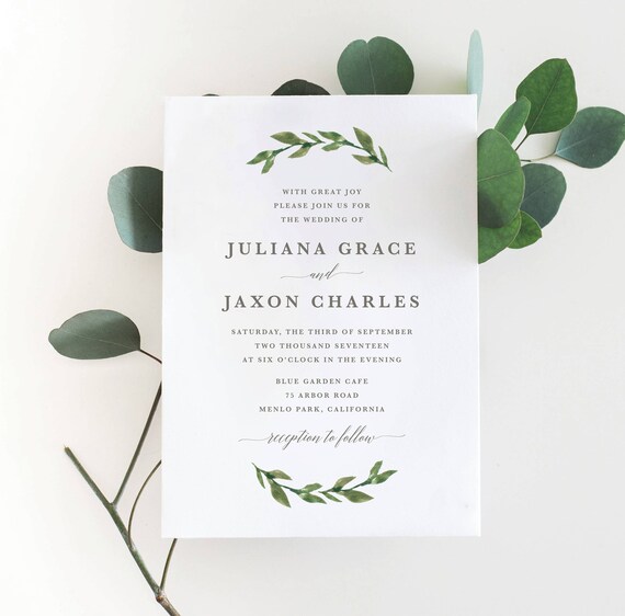 Printable Greenery Wedding Invitation Watercolor Green Etsy