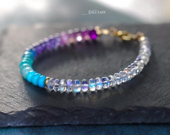 14K Solid Gold Ombre Gemstone Bracelet, Rainbow Moonstone and Turquoise