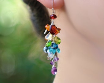 Multi Gemstone Earrings, Rainbow Earrings Rainbow Gemstone Earrings Dangle Colorful Earrings Multi Colored Cluster Earrings Cascade Earrings