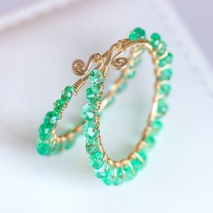 Emerald Earrings Emerald Hoops Emerald Gemstone Earrings Gold Green Gemstone Earrings Gold 14K Genuine Emerald Huggies Yellow SOLID GOLD 14K