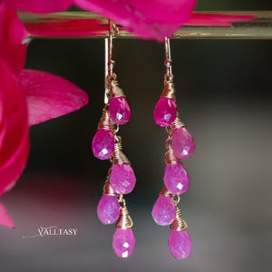 Pink Sapphire Earrings Genuine Sapphire Earrings Pink Sapphire Drop Earrings Pink Gemstone Drop Earrings Pink Ruby Earrings SOLID GOLD 14K